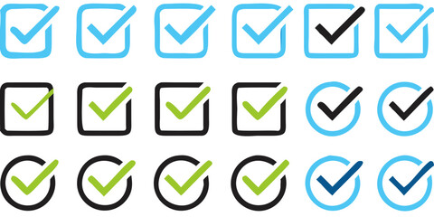 Collection of checkmark icons in blue and green within squares and circles on a black background