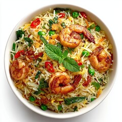 Rice with vegetables and shrimps on a white background