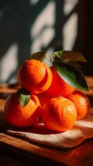 A still life composition of fresh, vibrant tangerines arranged variously in a bowl, basket, and scattered on a rustic wooden table