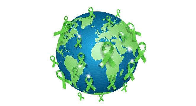 Symbolic representation of World Mental Health Awareness Day with a globe covered in green ribbons, illustrating global support and solidarity