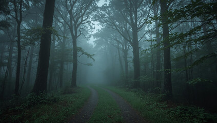 Naklejka premium Foggy forest path - mysterious mood