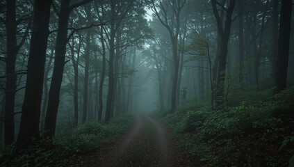 Fototapeta premium Foggy forest path - mysterious mood