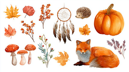 A collection of individual autumnal motifs, including leaves, berries, pumpkins, mushrooms, foxes, and dream catchers, on a white background 