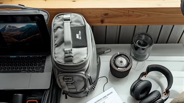 Photographer preparing for a trip, organizing camera lenses in a backpack, gear ready on the table
