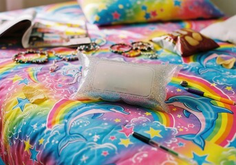 Nostalgic Y2K teen bedroom with rainbow dolphin bedding and glitter
