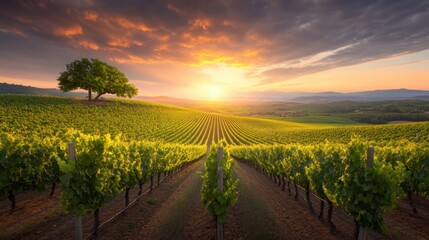 Fototapeta premium Stunning sunset over lush vineyard with rolling hills and vibrant sky
