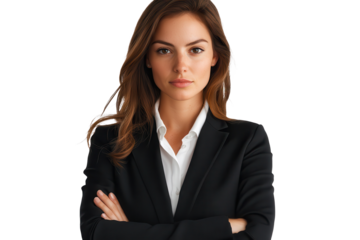 Confident business woman portrait with arms crossed on white background, showcasing professionalism and determination in a corporate setting