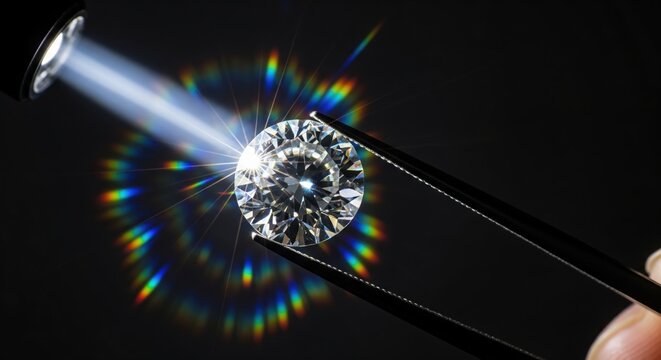 Jeweler inspecting a brilliant diamond with colorful light dispersion.