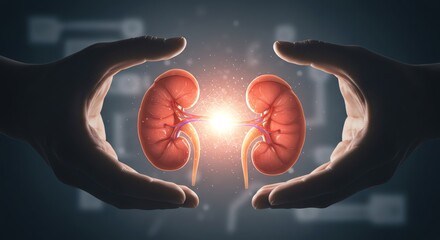 Human hands holding kidneys with glowing light