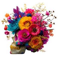 Obraz premium Skull with floral arrangement featuring vibrant colorful flowers and intricate patterns creating lively artistic design