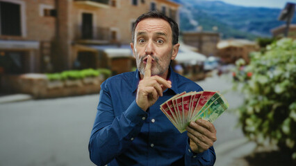 Man holding israeli shekels gestures for silence in an urban park setting, suggesting secrecy or...