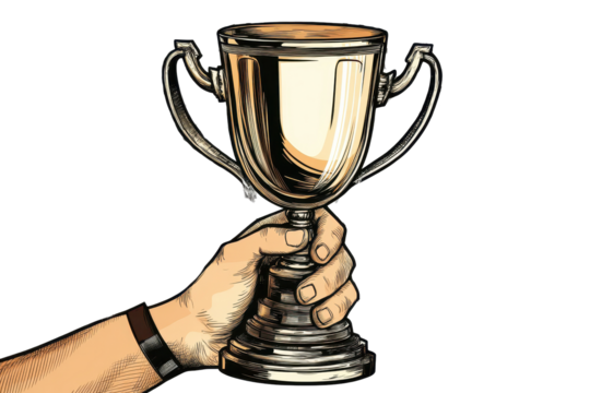 Hand proudly holding a first place trophy celebrating a significant achievement during a competition or event
