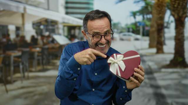 Middle-aged hispanic man with glasses holds heart-shaped gift outdoors at a restaurant terrace, smiling enthusiastically while standing near seating area and trees.