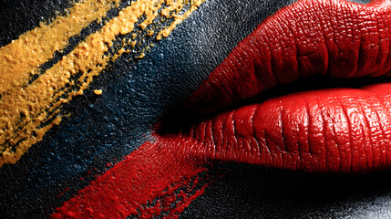 Red lips with creative makeup and colorful paint strokes on black skin background