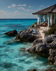A tropical Thai coastline with turquoise waves lapping against sandy shores under a clear summer sky
