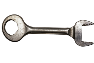 Wrench key tool shown on a transparent background highlighting its metallic finish and unique design suitable for various mechanical tasks and applications