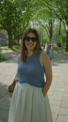 Woman smiling outdoors on sunny street wearing sunglasses and holding wicker bag with trees lining the background in urban setting creating a vibrant, lively atmosphere.