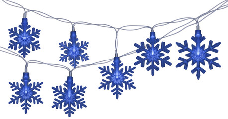 Blue snowflake shaped string lights glowing brightly on a transparent background isolated on transparent background