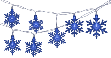 Blue snowflake shaped string lights glowing brightly on a transparent background isolated on transparent background