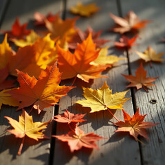 Autumn leaves on a wooden surface — seasonal background
