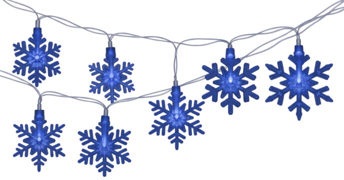 Blue snowflake shaped string lights glowing brightly on a transparent background isolated on transparent background