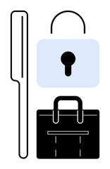 Lock, suitcase, and metal detector representing safety, inspection, and secure handling. Ideal for security, protection, privacy airport checks business theft prevention control. Simple flat