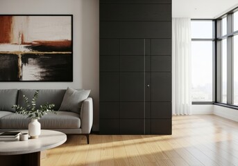 Fototapeta premium A bright and modern living room features a sleek gray sofa and a round coffee table with a plant. A dramatic, large abstract painting with black and warm tones hangs on the wall next to a striking, fl