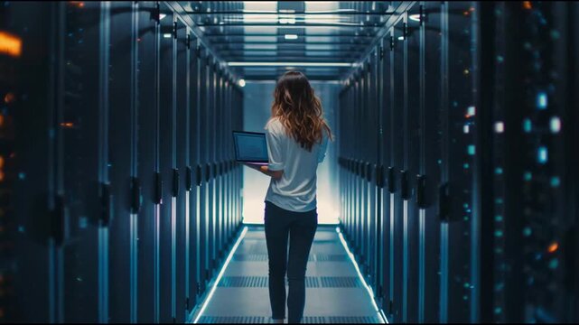 Engineer confidently walks through a sleek, modern data center, visually analyzing server racks lined with LED lights while holding a laptop used for real-time diagnostics.