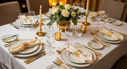 Fototapeta premium Elegant birthday table with crystal glasses, golden accents, and floral centerpiece for a refined celebration