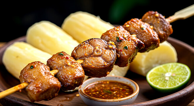 Bolivia &ndash; Anticucho de Surubi (Catfish Skewers). large chunks of Amazonian catfish on wooden skewers, marinated in lime and chili, grilled over jungle wood fire 