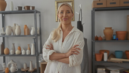 Woman stands with foldedarms in a studio among pottery shelves and ceramic vases; creative confidence.