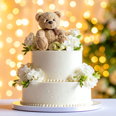 Elegant two tiered cake with teddy bear and flowers