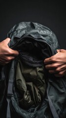 Hands opening a rugged outdoor backpack with olive green interior against dark background