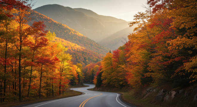 A scenic drive through a majestic mountain pass during peak foliage, with a winding road surrounded by breathtaking shades of red, orange, and yellow trees