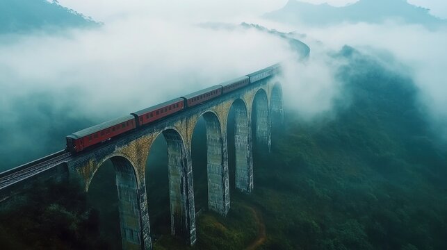 Red train moving across stone bridge in foggy mountains - Powered by Adobe