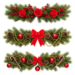 Three festive christmas garlands with red ornaments and ribbons isolated on transparent background