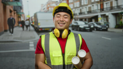 Young man holding blueprints while standing confidently on a bustling city street, wearing a...