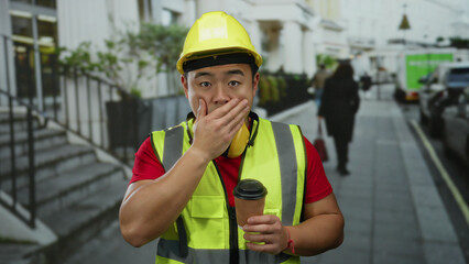 Young man in a construction vest and helmet covers mouth while holding coffee cup on busy urban street.