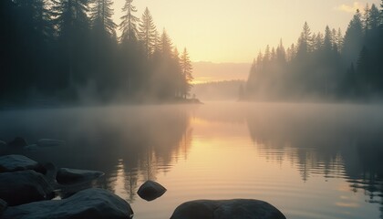 Misty sunrise over tranquil lake surrounded by tall trees