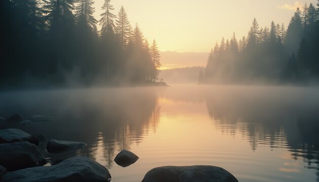 Misty sunrise over tranquil lake surrounded by tall trees