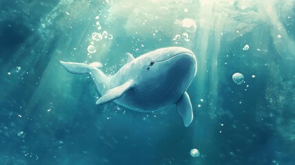 Fototapeta premium Single whale swimming peacefully in the ocean underwater