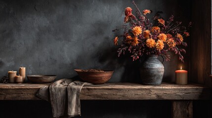 A rustic kitchen nook with charcoal walls and rust florals, soft candlelight, cozy autumn feeling