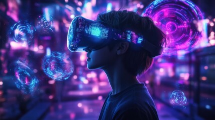 Asian girl experiencing virtual reality on city street at night
