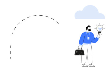 Man in business attire holding a glowing lightbulb, dashed trajectory line, cloud overhead. Ideal for creativity, innovation, problem-solving, leadership, brainstorming, entrepreneurship simple flat