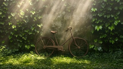Vintage bicycle in sunlit greenery with ivy-covered wall background