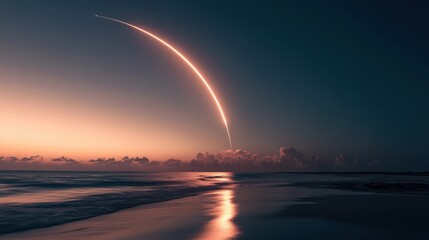 Rocket launching over tranquil beach at sunset