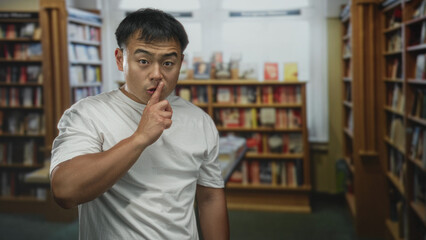 Young chinese man in white shirt points finger to lips for silence in library amid bookshelves; serenity.