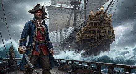 Pirate captain stands guard on a stormy sea, sword drawn, on a large sailing ship.