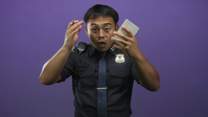 Young chinese policeman man holds notepad and pen in purple studio setting with surprised...