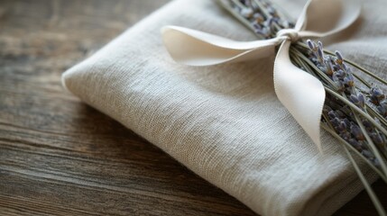 Decorative fabric tied with ribbon and lavender on wooden surface